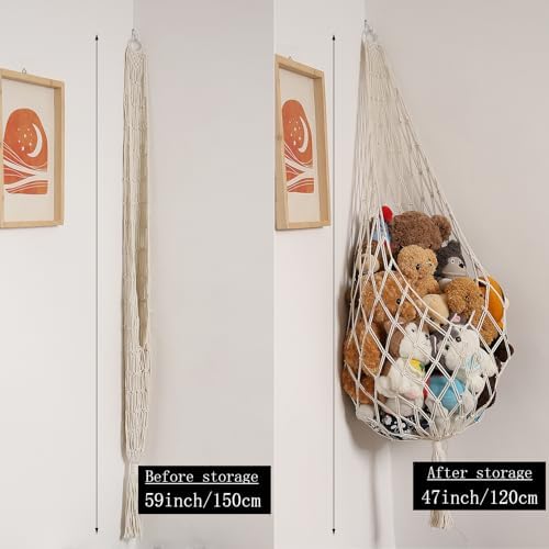 Stuffed Animal Storage Organizers Corner Hanging Net Stuffy Animal Hammock Macrame Toy Display Plush Toy Holder Wall, Kid Bedroom Decor Boho Nursery Playroom Organizer (Cream)