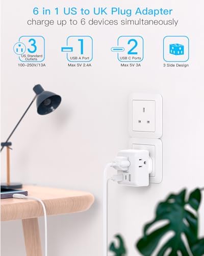 2 Pack US to UK Ireland Travel Plug Adapter, Type G Power Plug Adapter with 3 Outlets 3 USB Ports(2 USB C), European Travel Plug Adapter for USA to England London Scotland British Qatar Irish HongKong