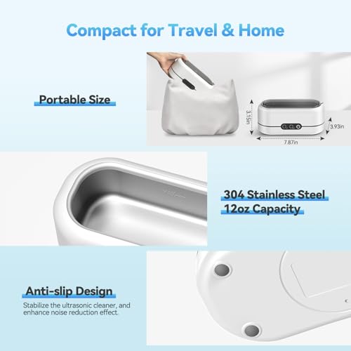 Ultrasonic Jewelry Cleaner, 48KHz Ultrasonic Cleaner Machine for Jewelry, Eyeglasses, Rings, Watch Strap, Dentures- Dual Cleaning Modes, 304 Stainless Steel Tank