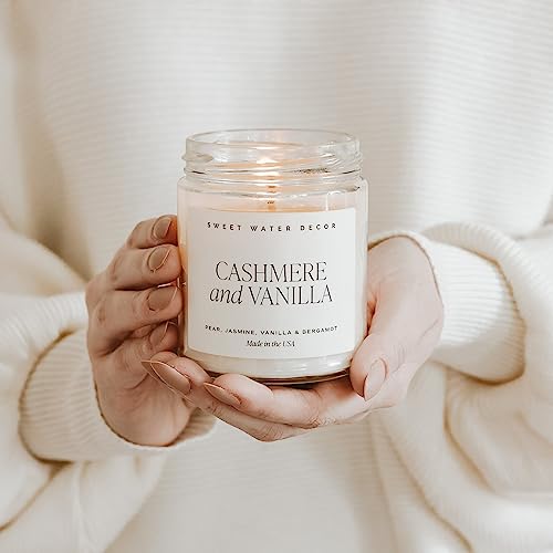 Sweet Water Decor Cashmere and Vanilla Soy Candle - Jasmine, Soft Cashmere, Sandalwood, Vanilla Scented Spring Candle for Home - 9oz Clear Jar with Lid, 40+ Hour Burn Time, Made in The USA
