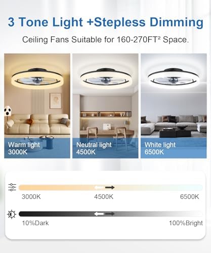 Ceiling Fans with Lights and Remote, 20" Modern Low Profile Ceiling Fan with Light, Stepless Color Temperature Change and 6 Speeds for Bedroom, Kids Room and Living Room (Black)