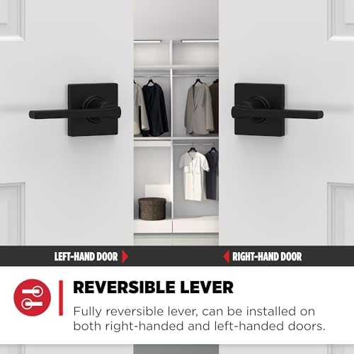 Kwikset Casey Interior Passage Door Handle, Lever For Closet and Hallway Doors, Reversible Non-Locking Handle Lever, Matte Black , with Microban Protection