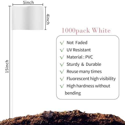 Zozen Marking Flags, White Color | 1000 Pcs/15x4x5 Inch, Yard Flags for Lawn & Irrigation & Landscape & Sprinkler & Survey & Dog Training.