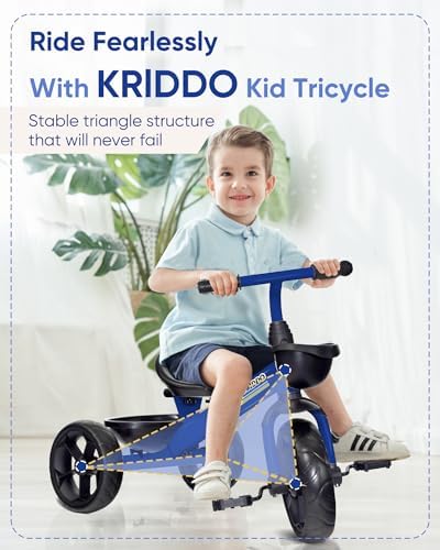 KRIDDO Kids Tricycles Age 24 Month to 4 Years, Toddler Kids Trike for 2.5 to 5 Year Old, Gift Toddler Tricycles for 2-4 Year Olds, Trikes for Toddlers, Sporty Styling, Blue