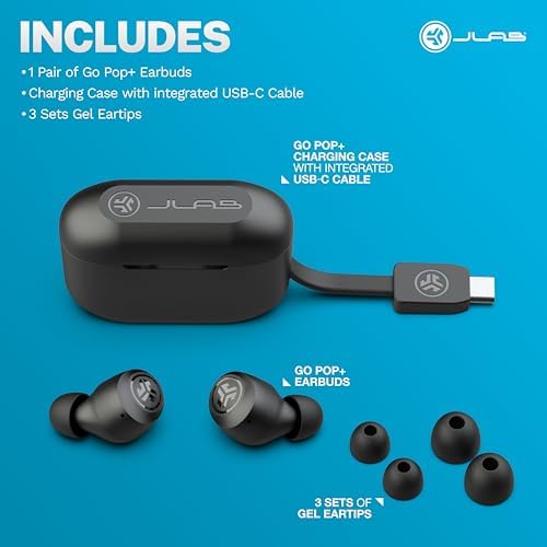 JLab Go Air Pop+ True Wireless Earbuds, in Ear Headphones, Bluetooth Earphones, 35H Playtime Ear Buds, Bluetooth Earbuds with Microphone, USB-C Charging Case, Dual Connect, EQ3 Sound, Black