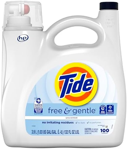 Tide Free & Gentle Liquid Laundry Detergent, 100 Loads, 132 fl oz, Tide Laundry Detergent, Clean Laundry Detergent (Packaging May Vary)
