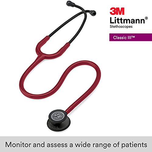 3M Littmann Classic III Monitoring Stethoscope, 5868, More Than 2X as Loud, Weighs Less, Stainless Steel Black-Finish Chestpiece, 27" Burgundy Tube, Black Stem and Headset