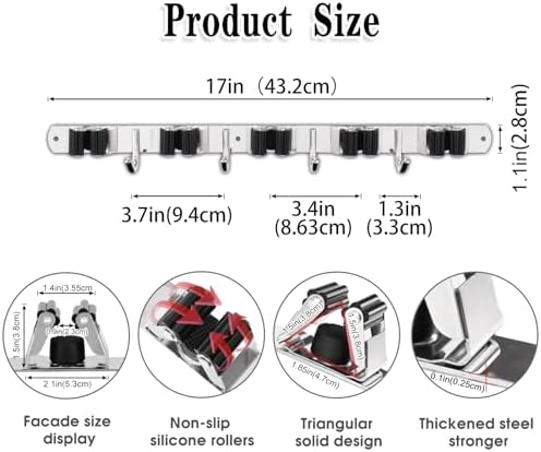 AceMining 5 Racks and 4 Hooks Mop and Broom Holder Wall Mount, Broom Organizer Storage Tool Racks Stainless Steel Heavy Duty Hooks Self Adhesive Solid Non-slip for Home Kitchen Garden Laundry Garage