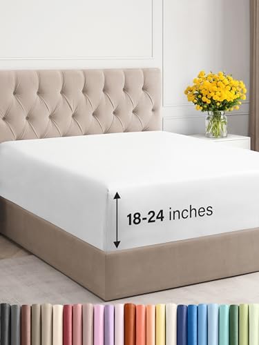 Extra Deep Queen Fitted Sheet - Hotel Luxury Single Fitted Sheet Only - Easily Fits 18 inch to 24 inch Mattress - Ultra Soft, Wrinkle Free w/Extra Deep Pockets - Easy-Care, Breathable & Comfy - White