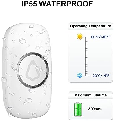 SECRUI Wireless Doorbell, Easy installation, Waterproof, Adjustable Volume, 58 Chimes, Colorful LED, 1000Ft Range, M520+F55, White
