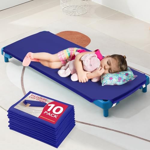 10 Pcs Cot Sheets for Daycare, 23"" X 51"", Blue Daycare Cot Size Sheet with Corner Elastic Loops for Child Boys Girls, Daycare Essentials for Toddler and Preschool, Breathable Microfiber