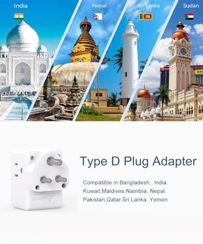 2 Pack India Power Adapter, One Beat Type D Plug Adapter with 3 American Outlets 3 USB Ports(1USB C), 6 in 1 India Travel Plug Adapter for US to India, Bangladesh, Kuwait, Maldives