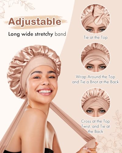 BONNET QUEEN Silk Bonnet for Sleeping Women Satin Bonnet Night Sleep Cap Wrap for Curly Hair with Adjustable Tie Band, Single Layer, Cream Pink+Black
