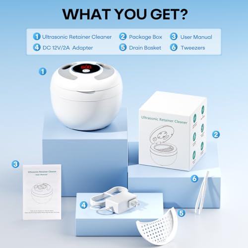 Upgraded Ultrasonic Retainer Cleaner Machine, 45kHz Ultrasonic Dentures Cleaner for Night Guards, Braces, Aligner, Toothbrush, Jewelry and More, 200ML Capacity, White