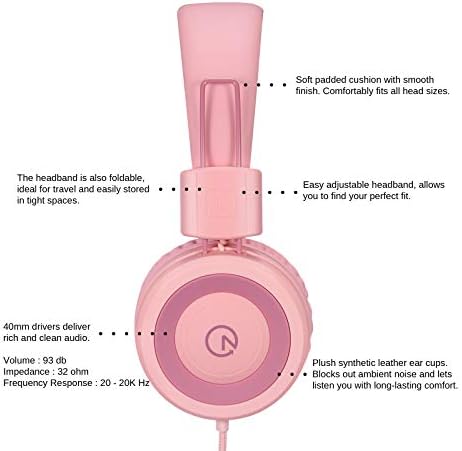 noot products Kids Headphones K11 Foldable Stereo Tangle-Free 5ft Long Cord 3.5mm Jack Plug in Wired On-Ear Headset for iPad/Girls/Boys/School/Laptop/Travel/Plane/Tablet-Soft Pink