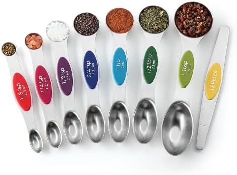 Spring Chef Multicolor Stainless Steel Magnetic Measuring Spoons Set of 8 with Leveler, Nesting Metal Teaspoon & Tablespoon Measuring Spoons, Kitchen Gadgets for Baking & Cooking - 2 Pack