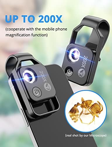200X Phone Mini Pocket Microscope with LED Light/Universal Clip, Nano Zoom Portable Digital Microscope Camera Attachments for 99% Smartphone, Microworld for Kids Adults(Black 200X with CPL)