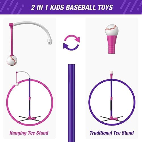4 in 1 T Ball Sets for Kids 3-5 with Toss and Catch Ball Set, Hanging Tee Stand with Auto Pitching Machine/ 2 Bats, Indoor Outdoor Toys Baseball Gifts for Toddler Boys Girls, Purple
