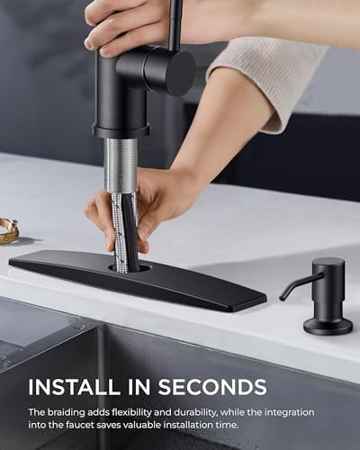 FORIOUS Black Kitchen Faucet with Soap Dispenser and Pull Down Sprayer, Bar High Arc Single Handle Classic 3 Modes Stainless Steel Faucet for Kitchen Sink Farmhouse RV Laundry Camper