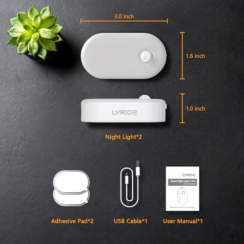 Lyridz Rechargeable Battery Night Light with Motion Sensor, Portable Mini Warm White LED Stick-on Closet Light, Adjustable Brightness for Bathroom, Bedroom, Kitchen, Cabinet, Stairs, Hallway, 2-Pack