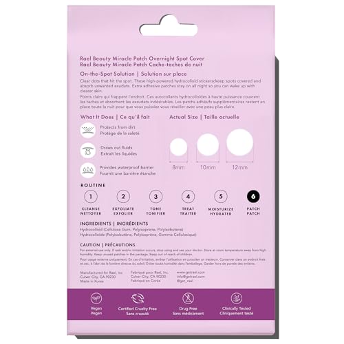 Rael Pimple Patches - Miracle Overnight Spot Cover, Thicker & Extra Adhesion, Hydrocolloid Acne Treatment for Face, Zits & Blemishes, Korean Skin Care, Vegan & Cruelty-Free, 3 Sizes (104 Count)