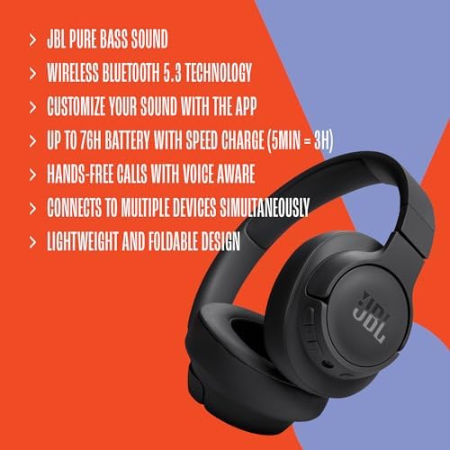 JBL Tune 720BT - Wireless Over-Ear Headphones with JBL Pure Bass Sound, Bluetooth 5.3, Up to 76H Battery Life and Speed Charge, Lightweight, Comfortable and Foldable Design (Black)