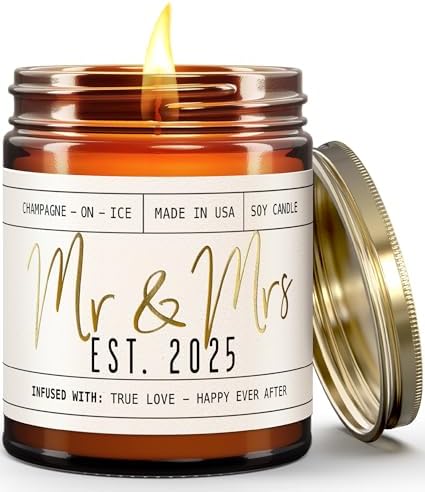 Wedding Gifts for Couples 2025, Bridal Shower Gifts from Bride - 'Mr & Mrs Est. 2025 Candle, w/Champagne on Ice I Wedding Shower for Newlyweds I 50Hr Burn, USA Made