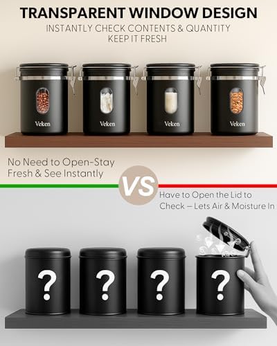 Veken Coffee Canister with Window,Airtight Stainless Steel Container,Home Kitchen Food Storage Organizers for Grounds,Beans,Espresso,Rice,Tea,Sugar,Flour, Cereal,Scoop,Bar Accessories,Gifts,22OZ,Black