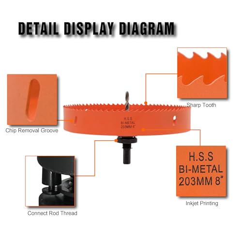 8 Inch Hole Saw with Arbor for Metal Wood Plastic, 8 in Bi-Metal Hole Cutter for Different Project with Smooth and Flat Drilling Edge, Fast Chip Removal,Lighter and Portable