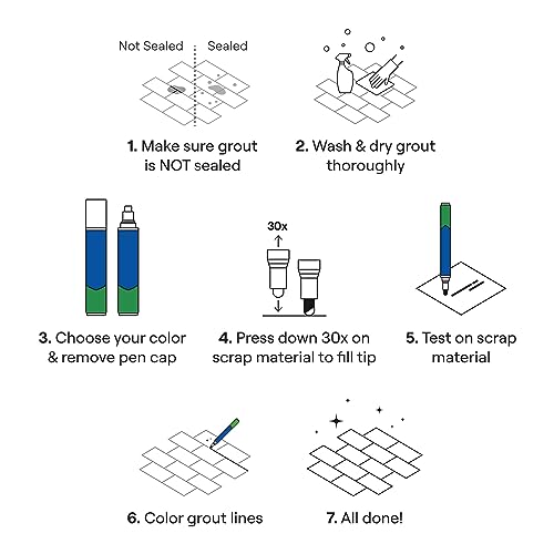Grout Pen White Tile Grout Paint Marker: Waterproof Tile Grout Colorant and Sealer Pens for Cleaner Looking Floors & Whitener Without Bleach - Narrow 5mm, 2 Pack with Extra Tips (7mL) - White