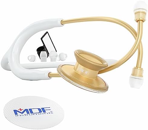 MDF Instruments, Acoustica Lightweight Stethoscope for Doctors, Nurses, Students, Home Health Use, Adult, Dual Head, White Tube, Gold Chestpiece-Headset, MDF747XPK29