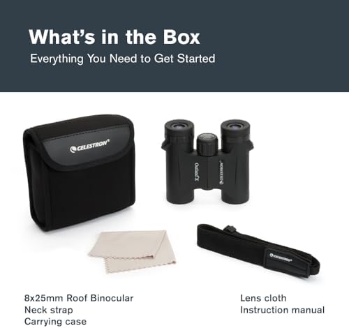 Celestron - Outland X 8x25 Binoculars – Ideal for Birding and Outdoors – 25mm Objective Lenses – Wide 8.2° Field of View – BaK-4 Prisms – Multi-Coated – Waterproof and Fogproof