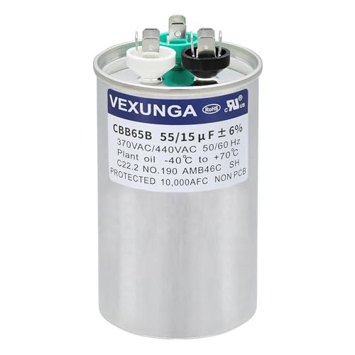 55/15 uF 55+15 MFD 370VAC or 440VAC Dual Run Start Round A/C Capacitor CBB65 Air Conditioner Capacitors for AC Unit Fan Motor Start or Heat Pump or Condenser Straight Cool