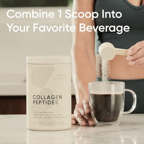 Sports Research Collagen Peptides for Women & Men, Unflavored, 16 oz., Hydrolyzed Type 1 & 3 Collagen Powder Protein Supplement for Healthy Skin, Nails, Bones & Joints