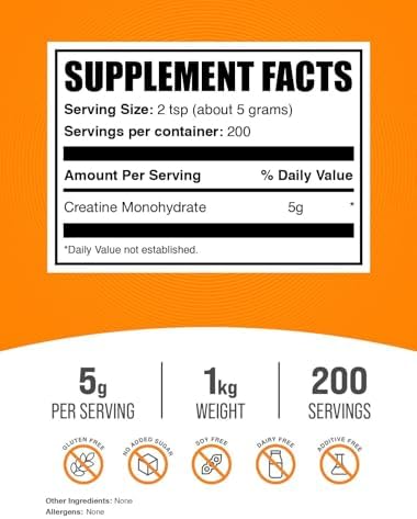 BulkSupplements.com Creatine Monohydrate Powder - Micronized Creatine Powder, Unflavored - Pure & Gluten Free, 5g (5000mg) per Servings, 1kg (2.2 lbs) (Pack of 1)