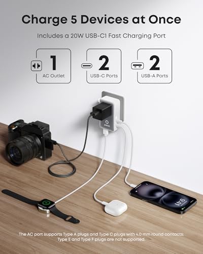 Anker Nano Travel Adapter, 5-Port Power Adapter with 1 AC, 2 USB-A, and 2 USB-C Ports, Smart Temperature Control, Compatible with Over 200 Countries, Ideal for Travel (1-Pack) (White)