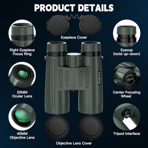 14x45 Binoculars for Adults High Powered,Professional HD Binoculars for Bird Watching,Hunting,with Aluminum Alloy Phone Adapter,Tripod,Waterproof & Fog Proof,Large View for Travel,Hiking,Concert