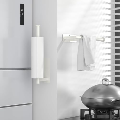 ASTOFLI Paper Towel Holder Under Cabinet No Drilling, Self Adhesive Paper Towel Holder Wall Mount for Kitchen Rack, Under Counter Napin Holder No Drill, RV, 304 Stainless Steel, White 2 Pack