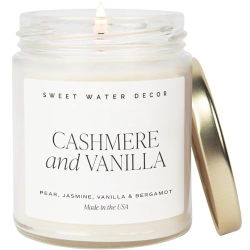 Sweet Water Decor Cashmere and Vanilla Soy Candle - Jasmine, Soft Cashmere, Sandalwood, Vanilla Scented Spring Candle for Home - 9oz Clear Jar with Lid, 40+ Hour Burn Time, Made in The USA