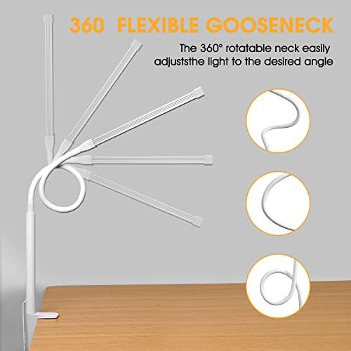 LED Desk Lamp with Clamp, Eye-Caring Clip on Lights for Home Office, 3 Modes 10 Brightness, Long Flexible Gooseneck, Metal, Swing Arm Architect Task Table Lamps with USB Adapter, White