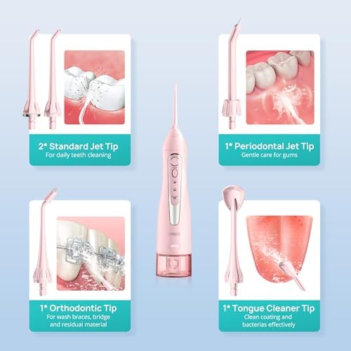 COSLUS Water Dental Flosser Teeth Pick: Portable Cordless Oral Irrigator 300ML Rechargeable Travel Irrigation Cleaner IPX7 Waterproof Electric Flossing Machine for Teeth Cleaning C20(F5020E) Pink