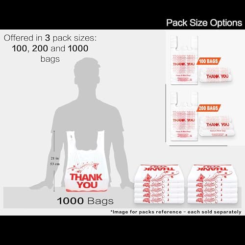 1000PCS White “Thank You” T-Shirt Bags – Reusable & Disposable Grocery and Supermarket Shopping Bags, 11"x6"x21"