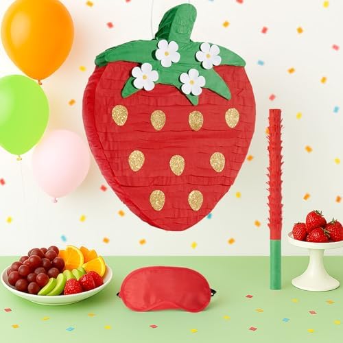 Wernnsai Red Strawberry Piñata For Kids - Strawberry Baby Shower Pinata Strawberry Birthday Party Decorations Summer Fruit Themed Party Game Supplies With Bat Blindfold 16.5" × 11.6" ×3"
