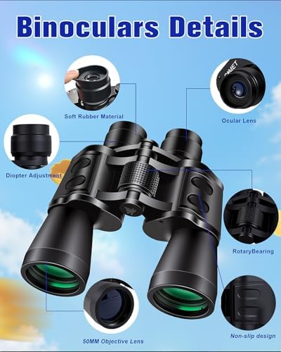 20x50 High Powered Binoculars for Adults, Clear Durable Binoculars for Bird Watching Sightseeing Wildlife Watching Travel Hunting Football Games Stargazing with Carrying Case & Strap