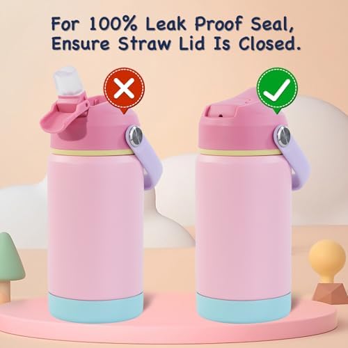Kerilyn 12oz Insulated Water Bottle, Stainless Steel Insulated Kids Water Bottle, Toddler Cup with Straws Leak-Proof, Kids Water Bottles for School Boys Girls, BPA Free, Charm Pink