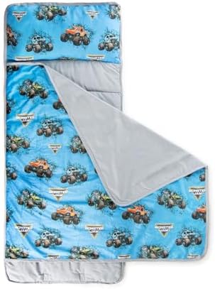 Jay Franco Toddler Nap Mat with Built-in Pillow and Blanket - Soft 46 x 20-inch Microfiber Kids Sleeping Bag for School or Sleepover, Blue - Monster Jam