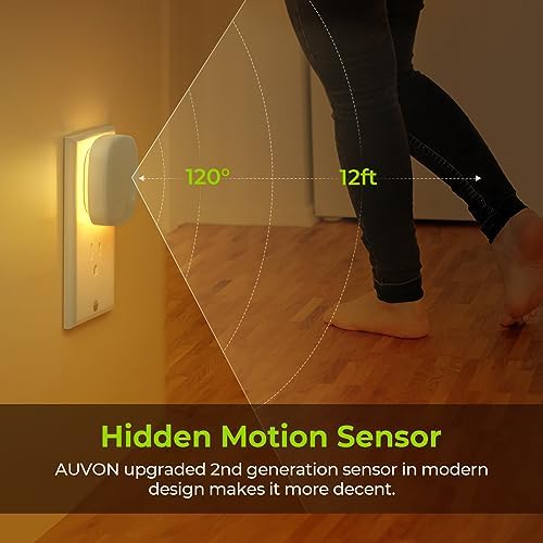 AUVON Plug-in LED Backlit Night Light with Motion Sensor & Dusk to Dawn Sensor, Dimmable Warm White Nightlight with 1-50 lm Adjustable Brightness for Bathroom, Bedroom, Hallway, Stairs (2 Pack)