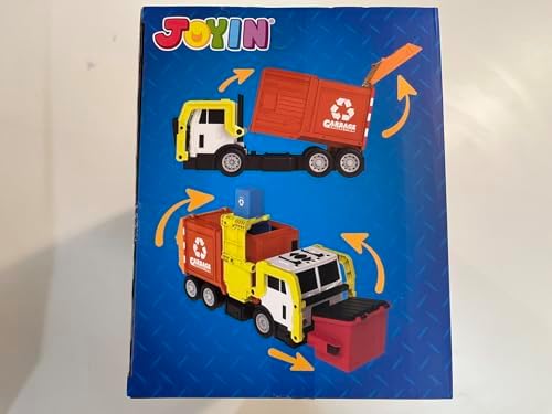 JOYIN Large Friction Powered Garbage Truck Toy Set, Includes Dumpster, Trash Bins, and Learning Cards for Kids, Orange