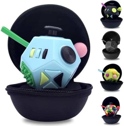 PILPOC theFube Fidget Cube with 12 Sides - Handy Anxiety Toys for Kids and Adults - Fidget Dice for Stress Relief & Focus - Anti Stress Cube for ADHD, ADD, with Carry Case (Light Blue & Mix)