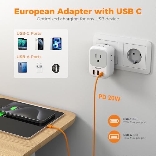 TESSAN European Travel Plug Adapter, Europe Adapter with 4 Outlets and 3 USB(1 USB C PD 20W), International Foldable Plug Type C Power Adaptor for EU Spain France Italy Germany Portugal Iceland